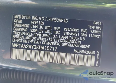 2019 Porsche Cayenne из США, поврежденный, VIN WP1AA2AY3KDA15717